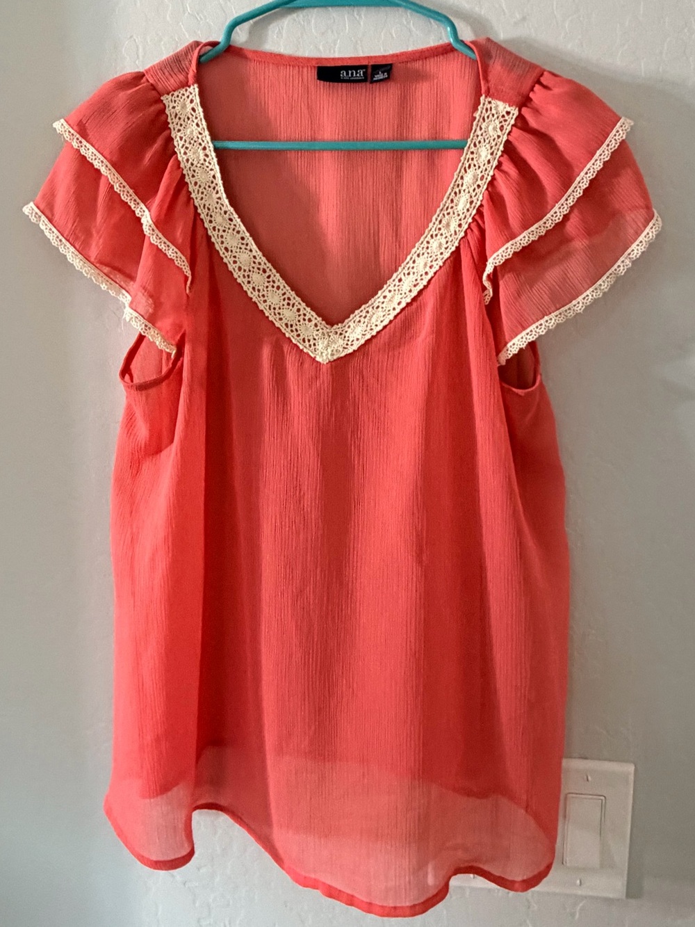 a.n.a Coral V-Neck Blouse with Cream Lace Trim